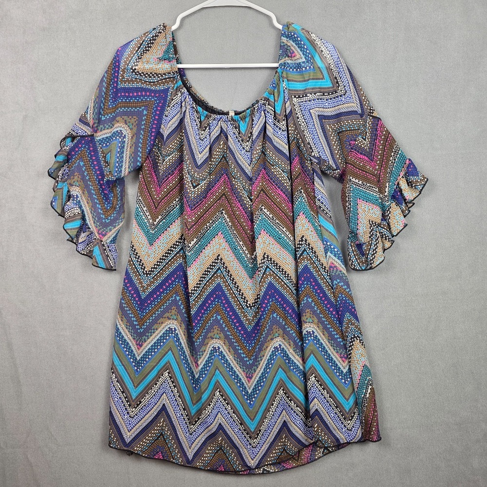 Vtg Vel Women's Large Geometric Multicolor Ruffle Sleeve Tunic